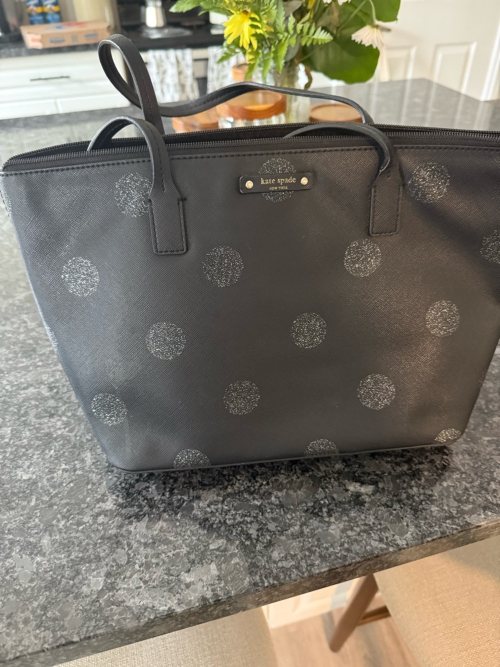 kate spade Black Tote with Silver Glitter Polka Dots